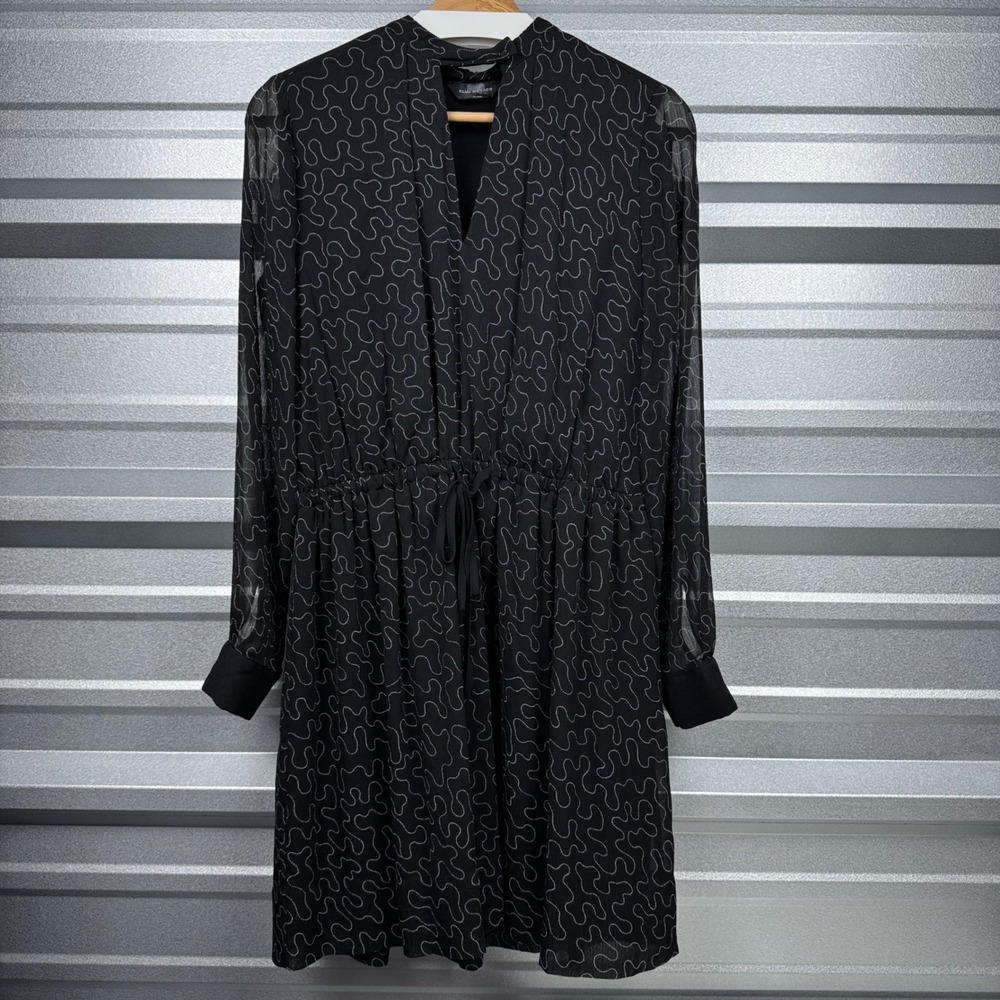 Club Monaco Black Abstract Print Chiffon Long Sleeve Drawstring Dress Size 6 - Picture 3 of 12